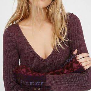 Free People Art School Embroidered V-Neck Thermal Waffle Top